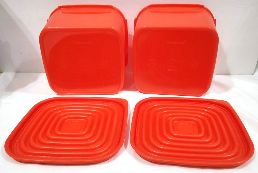 Tupperware 2 red-orange Modular Mate 11cup square Bowls & Stuffable Lids #1620