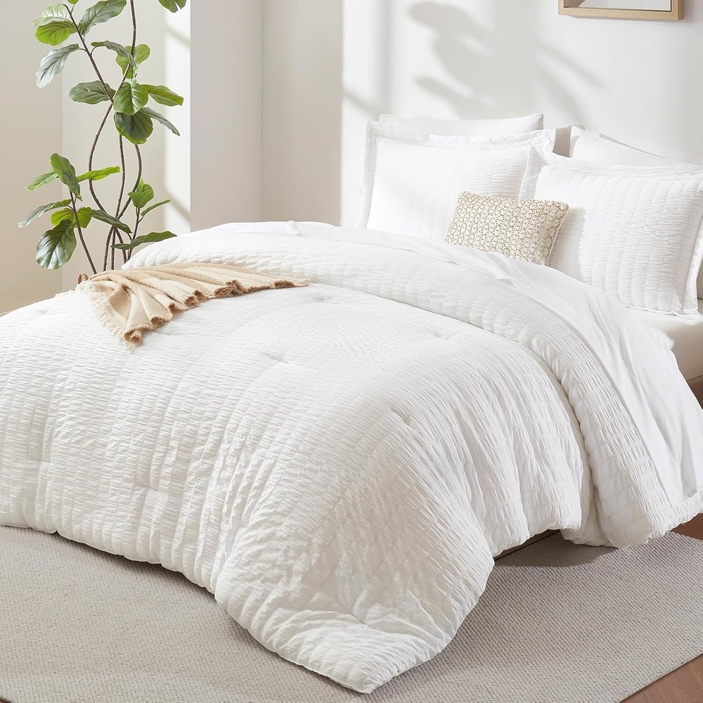 White Seersucker Queen Comforter Set 7 Pieces