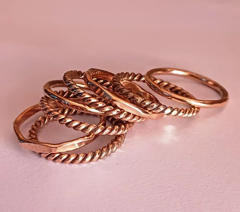 Handmade Solid Copper Ring Set: Stackable Textured Boho Rings