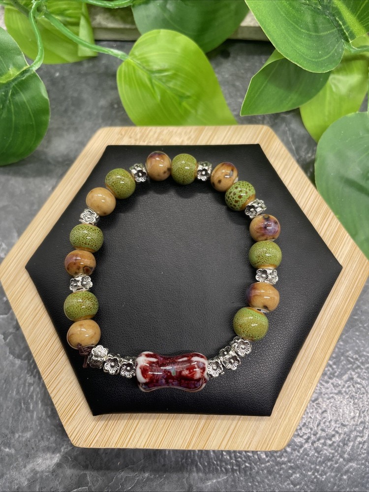 Handmade Ceramic Bead Beaded Stackable 6.25” Plus Stretch Bracelet New B226