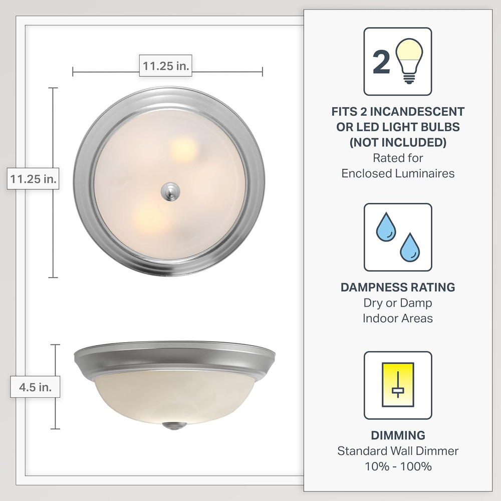 2-Light Flush Mount Ceiling Light, 11 Inch Lighting Fixture for Kitchen, Bedr...