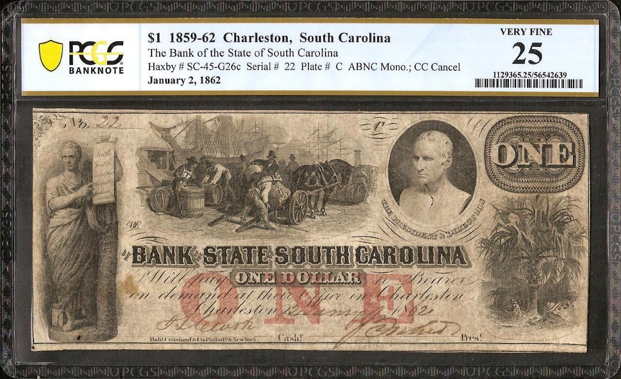 1862 $1 DOLLAR 22 SOUTH CAROLINA BANK NOTE OLD PAPER MONEY CIVIL WAR PCGS 25