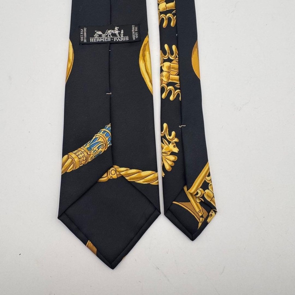 Hermes Necktie Silk Black Gold Baroque Pattern Used