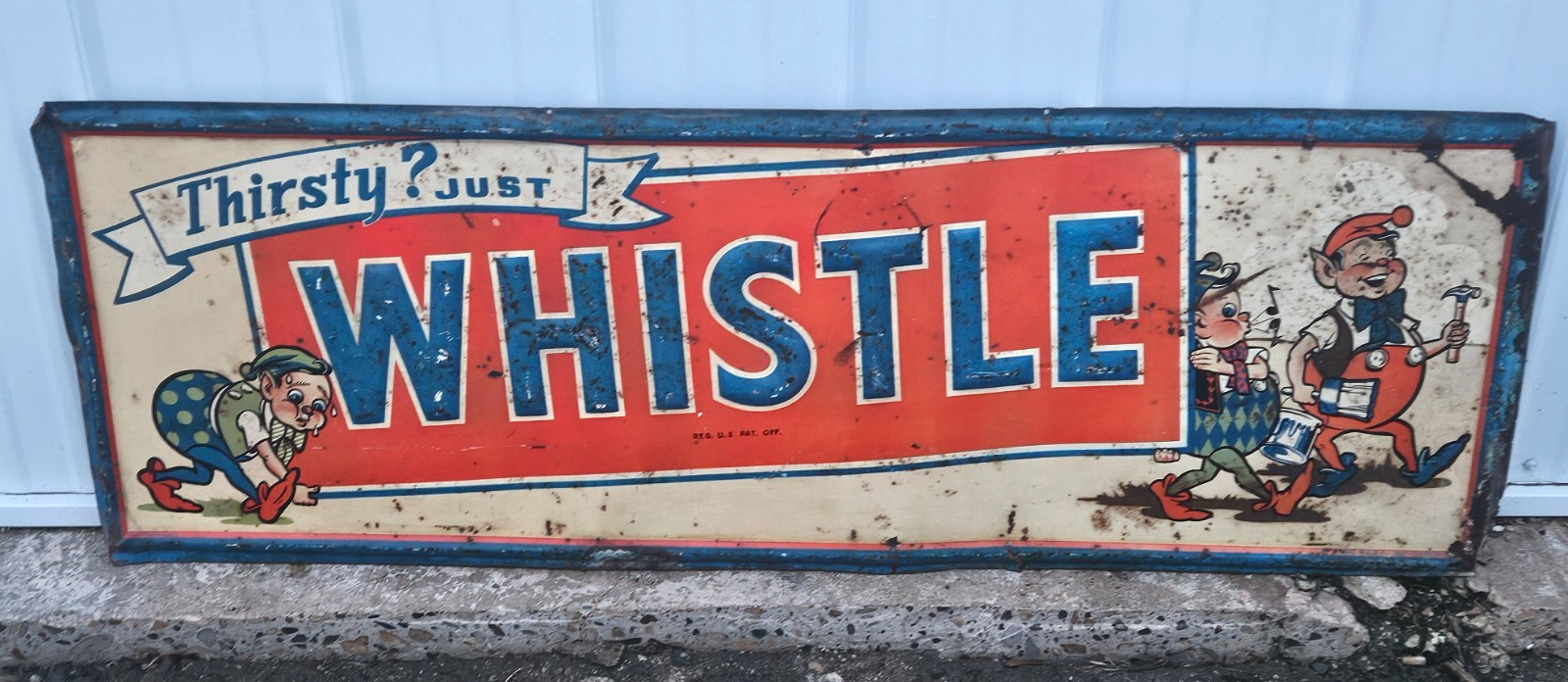 RARE Vintage 1947 Whistle Orange Soda  Pop Tin Advertising 54x18 Sign