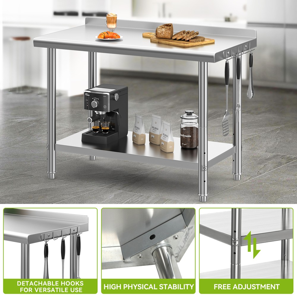 48" x 24" Stainless Steel Table Metal Table Prep Table w/ Backsplash&Undershelf