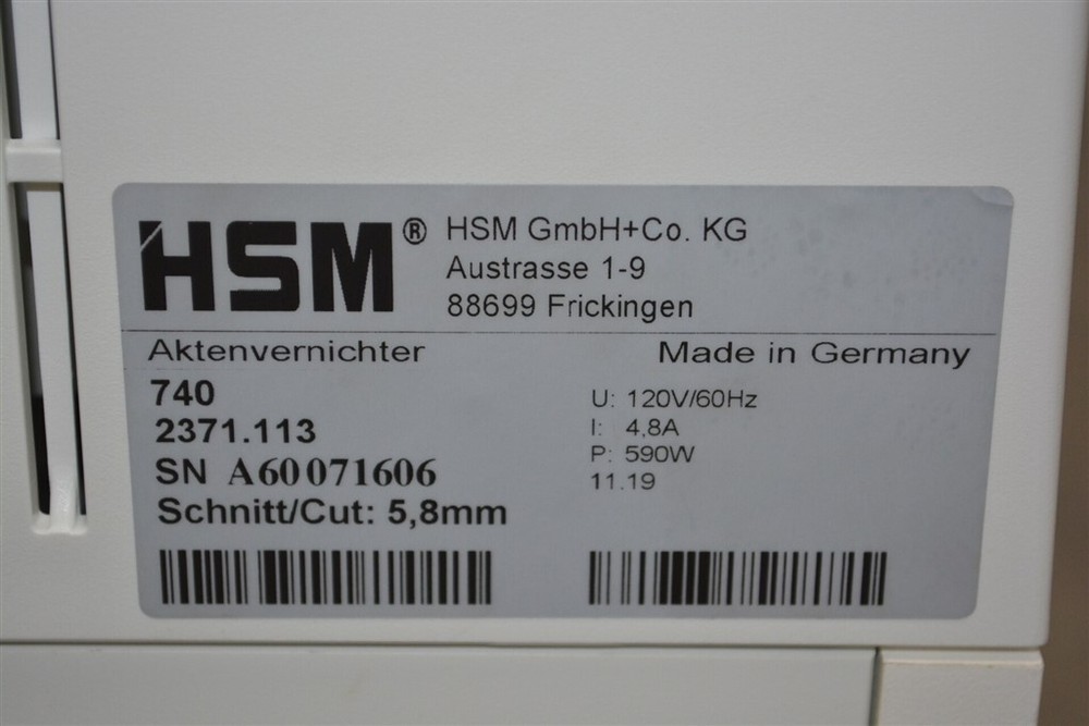 HSM Pure 740 Document Shredder SEE NOTES