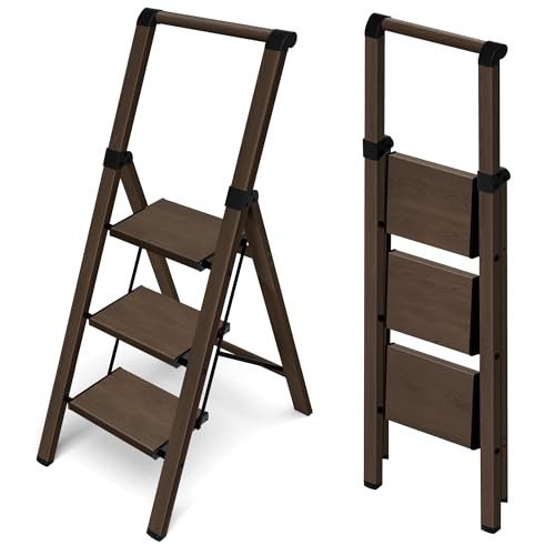 3 Step Foldable Aluminum Step Ladder with 3 Step With Handrail Walnut
