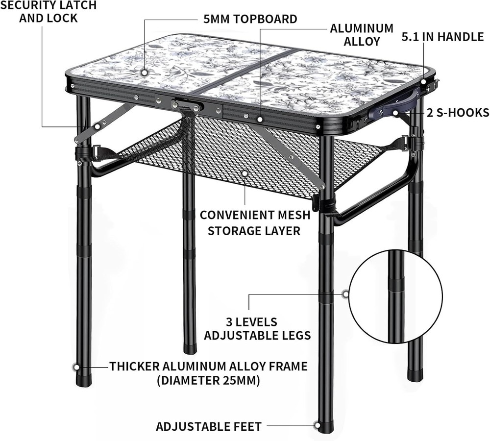 Outdoor Side Table Portable 3 Adjustable Height Small Outdoor Folding Table