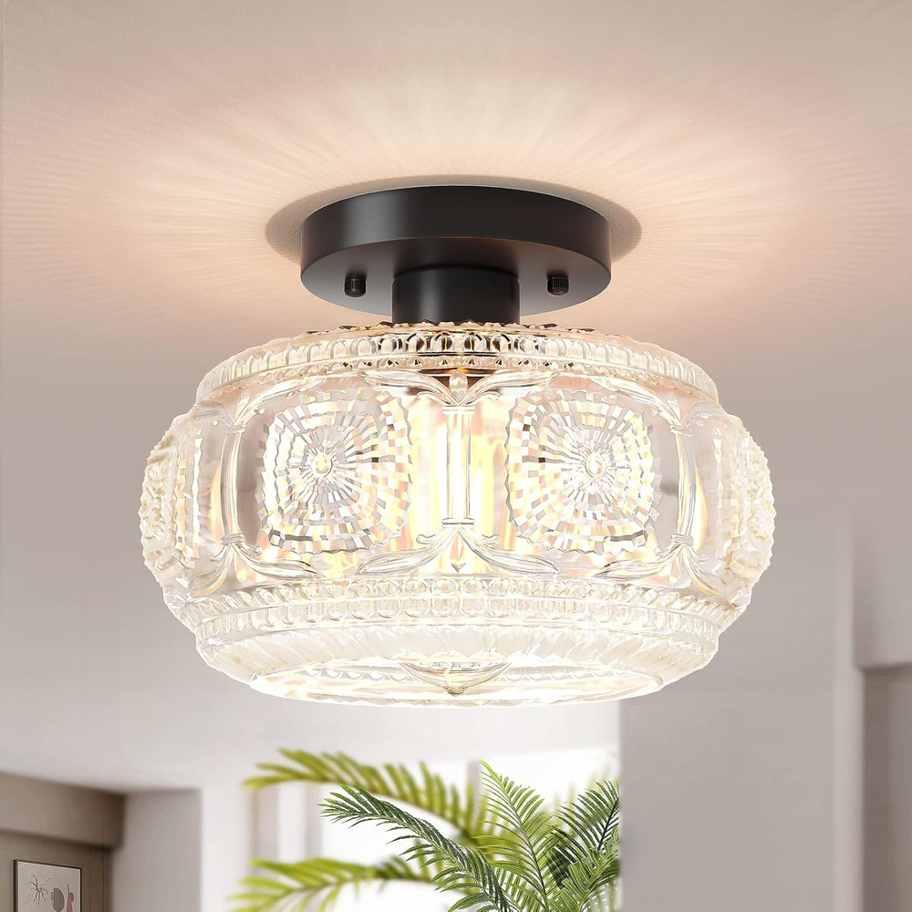 Semi Flush Mount Ceiling Light, Globe Glass Ceiling Light Fixture, Black Modern