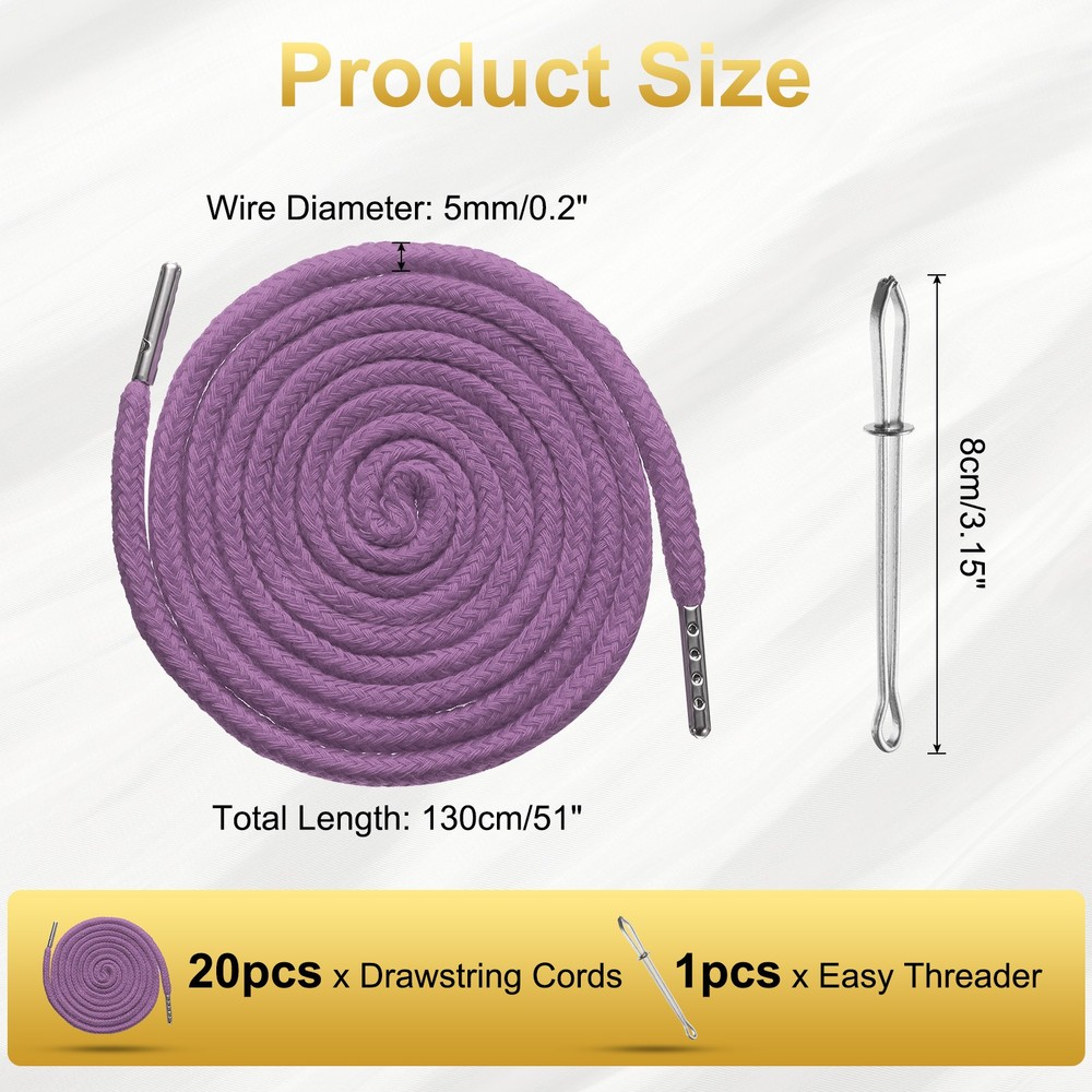 20pcs Drawstring Cords 51" Replacement Drawstring with Threader, Purple