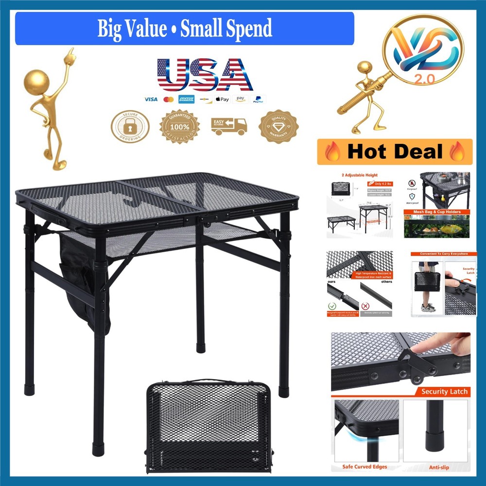 Portable Folding Camping Table 2x1.3 Ft Adjustable Height Metal Black