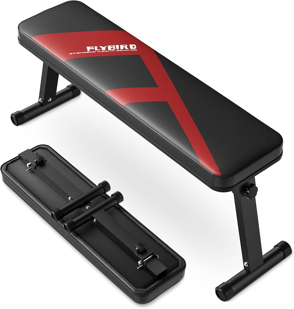 FLYBIRD Flat Bench, Foldable Weight Bench Easy Assembly for A-Red