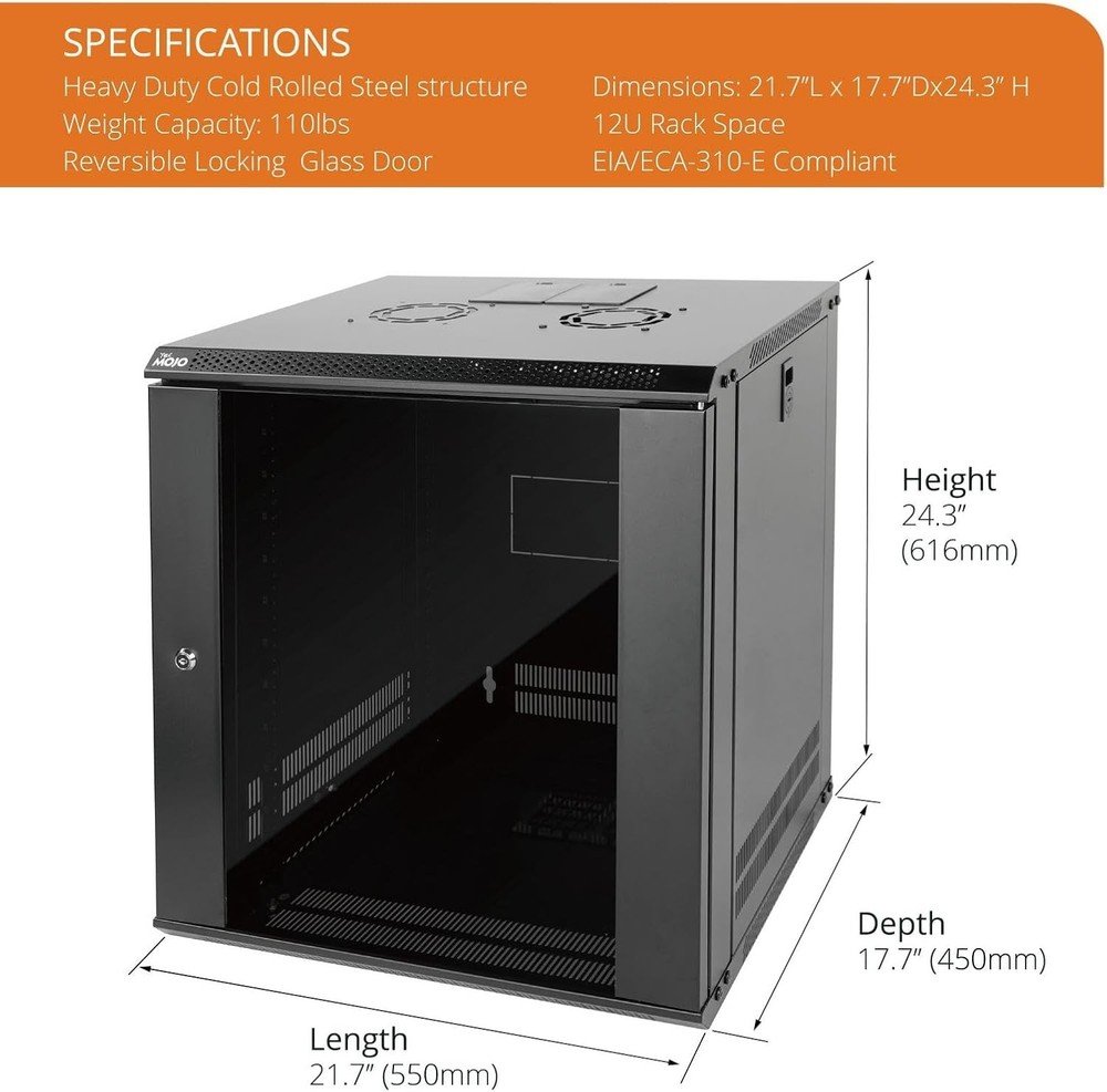 12U Wall Mount Server Cabinet IT Network Rack Enclosure Lockable Door and Sid...