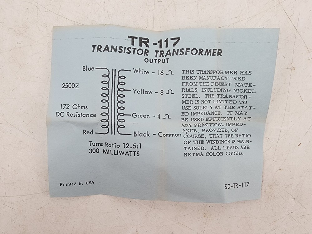 Vintage Thordarson TR-117 Transistor Output Transformer 2500 4/8/16 ohms