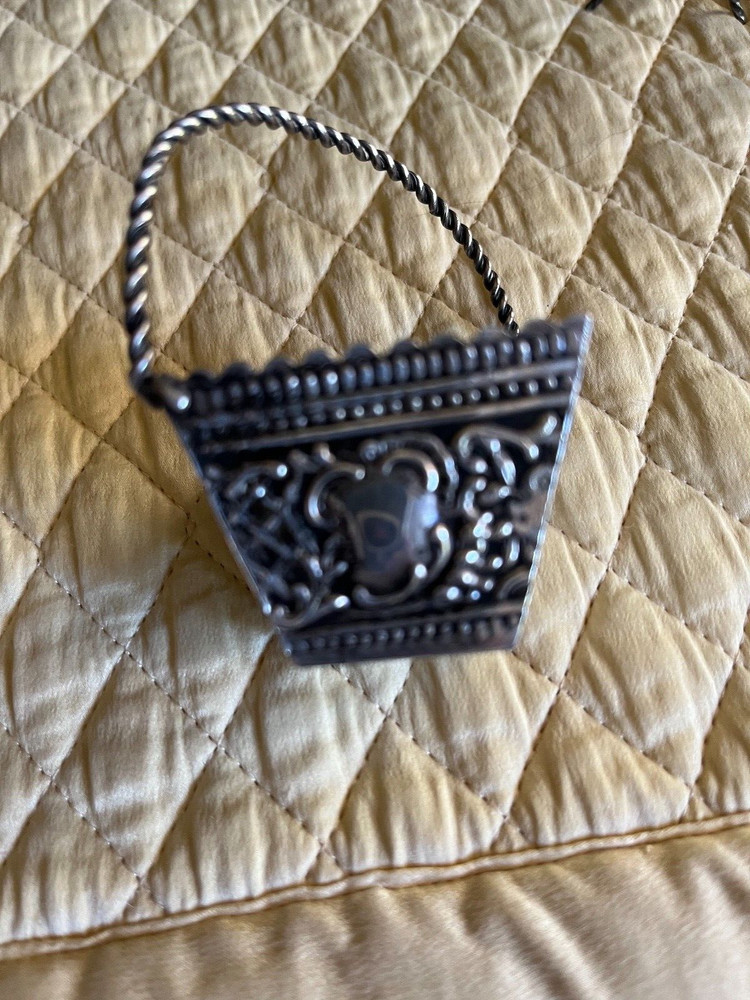 Antique small silver basket diagonal handle marks under almost 2 3/4 w handle