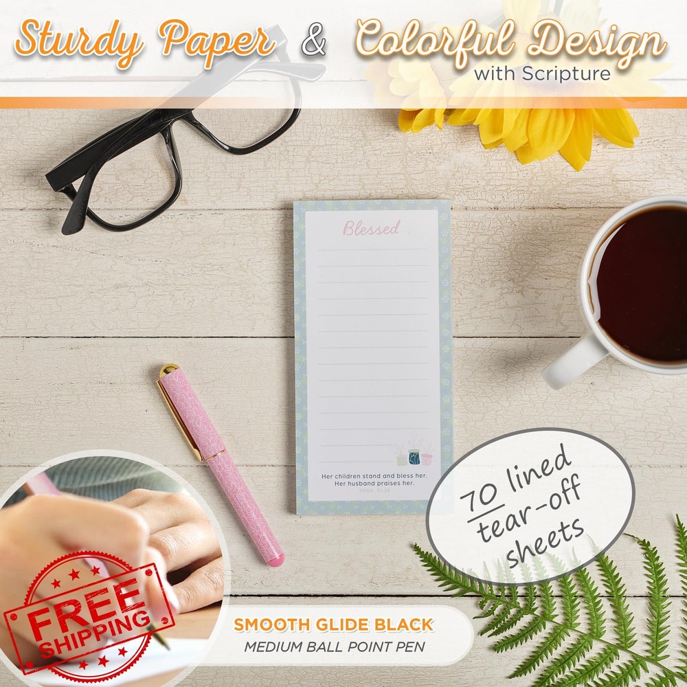 Christian Notepad Pen Set Blessed Scripture Floral Blue Pink
