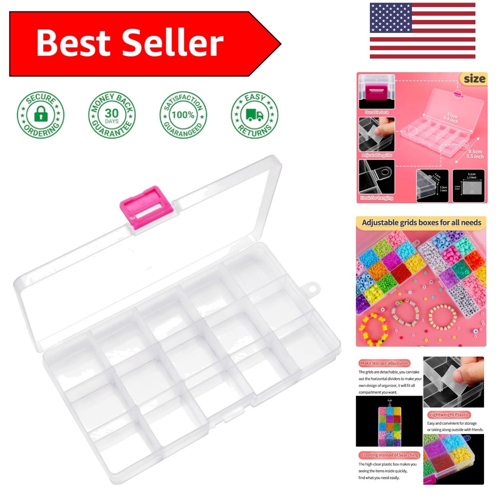 Clear Plastic Bead Box with Secure Lock and Customizable Grids - 15 Compartment