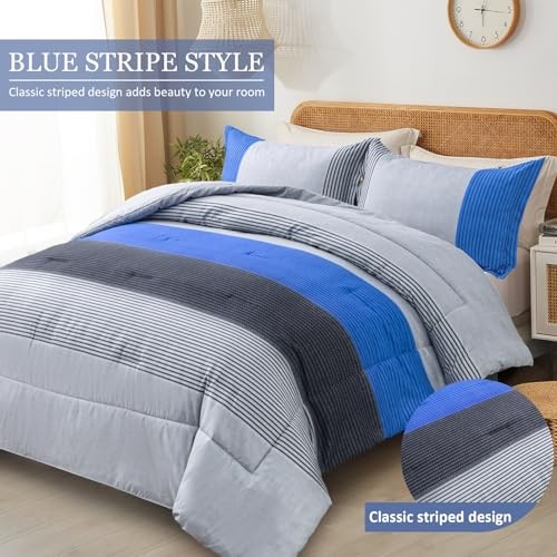 Comforter Set Reversible Grey Striped Patchwork Alternative Queen Blue