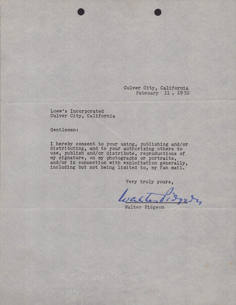 WALTER PIDGEON - DOCUMENT SIGNED 02/11/1952