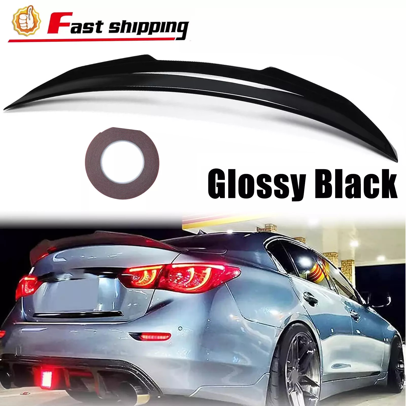For 2014-2024 INFINITI Q50 PSM Style Rear Trunk Spoiler Wing Gloss Black 14-24