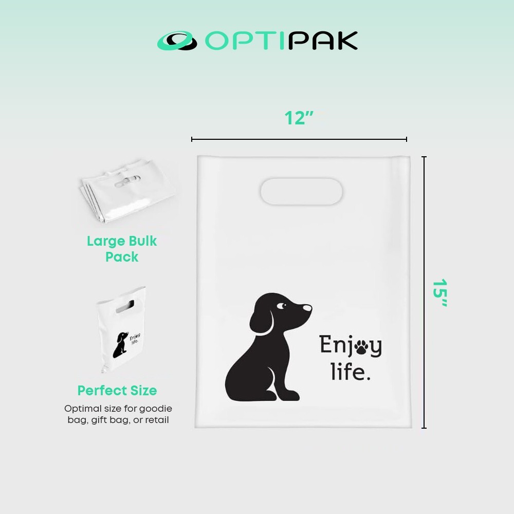 OPTIPAK 12x15 Plastic Bags – 100 Pack with Die-Cut Handles for Retail & Party