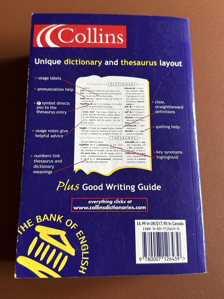 Paperback dictionary and thesaurus by Collins