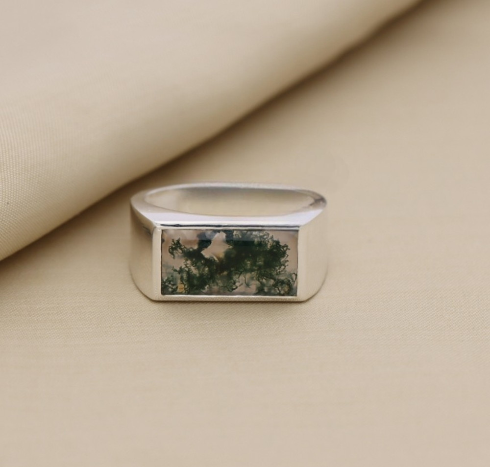 Sterling Silver Moss Agate Rectangular Signet Ring – Unique Natural Gemstone Des