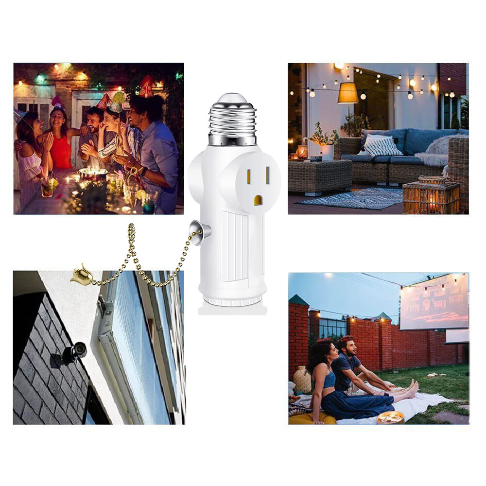 2 Pack E26 Light Bulb Socket Adapter With 2 AC Outlet Plug And Pull Chain Switch