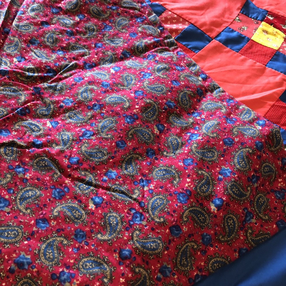 Handmade Lap Quilt Throw 45 x 55” Patchwork 9 Square Tied Lightweight Blue Red
