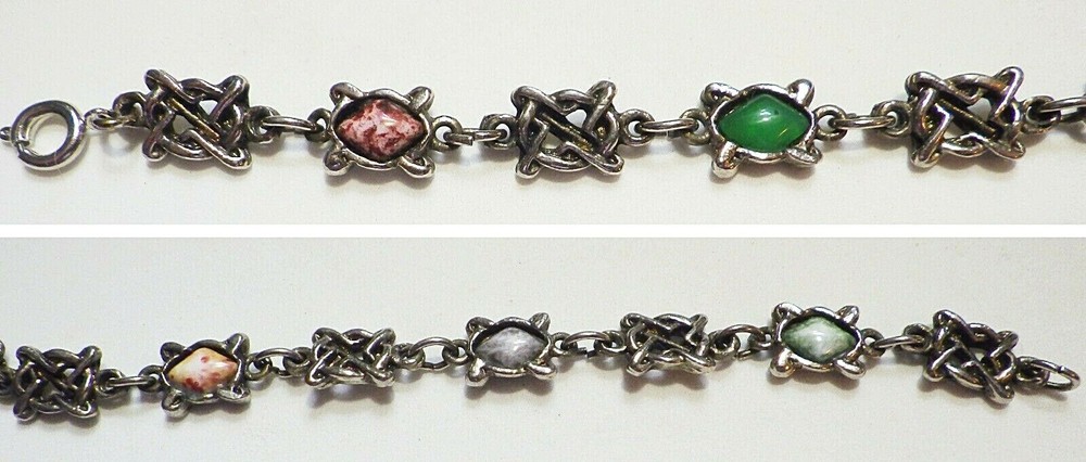 Vtg Celtic Knot & MultiColor Mottled Triangular Glass Cab Link Bracelet ST 8"