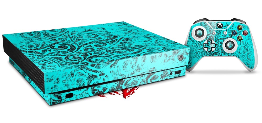 Skin for XBOX One X Console Controller Folder Doodles Neon Teal Decal