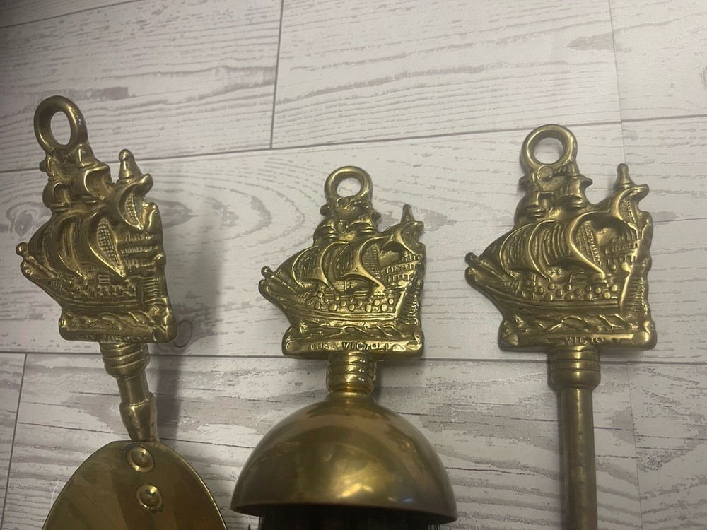 VTG Nautical Solid Brass Fireplace Tools Complete Set 5 Piece HMS Victory