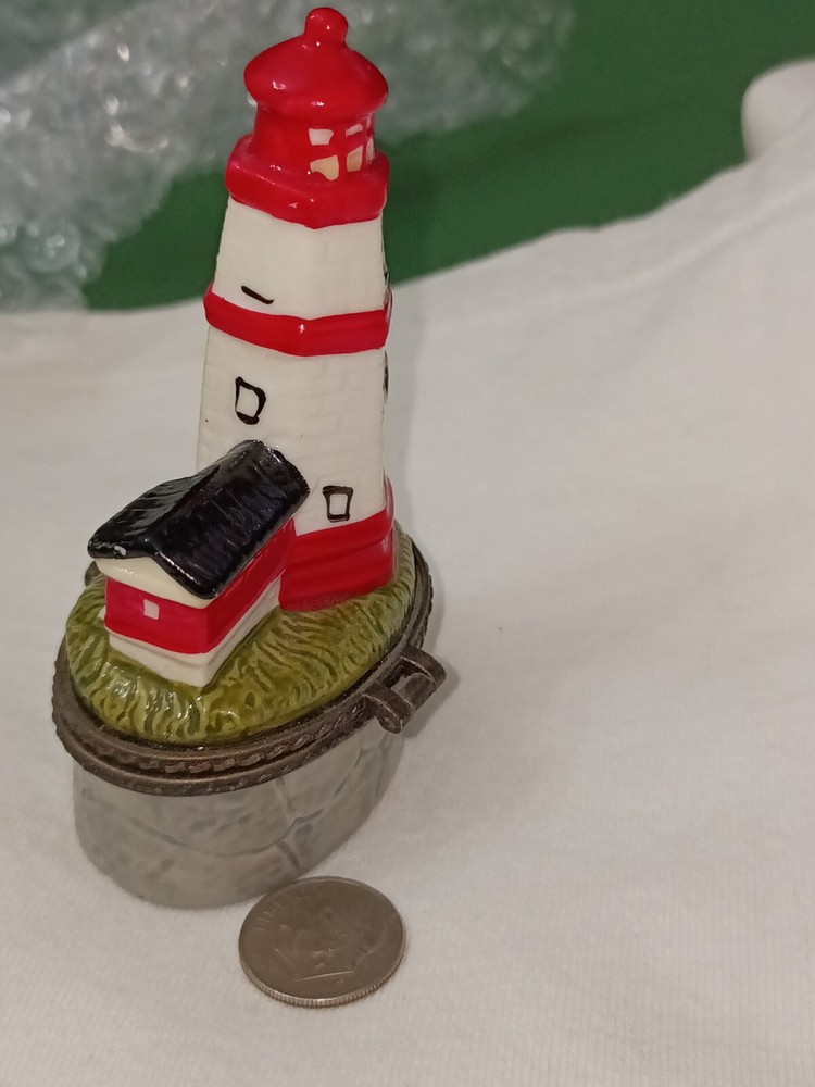 Lighthouse Hinged Trinket Hidden Box Ceramic Red White