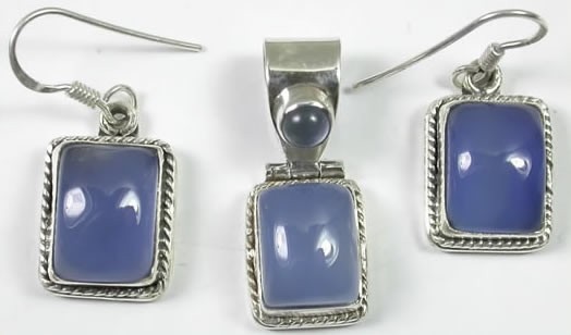 STERLING SILVER  Rectangle Shaped Chalcedony Pendant Earring Set