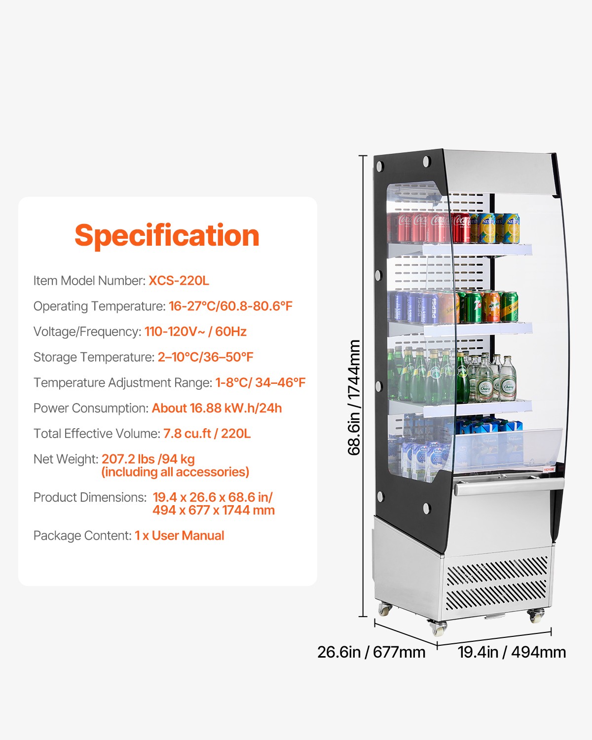 VEVOR Open Air Merchandiser 3-Tier Display Cooler with Air Curtain 7.8cu.ft.