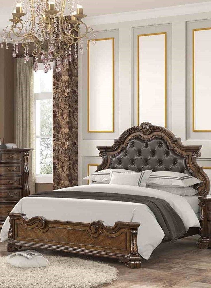 Traditional Dark Brown Eastern King Size 1pc Wooden Panel Bed Set Button Tufting