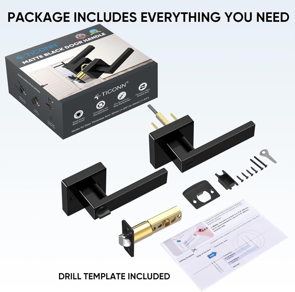 5 Pack Matte Black Privacy Door Handles Square