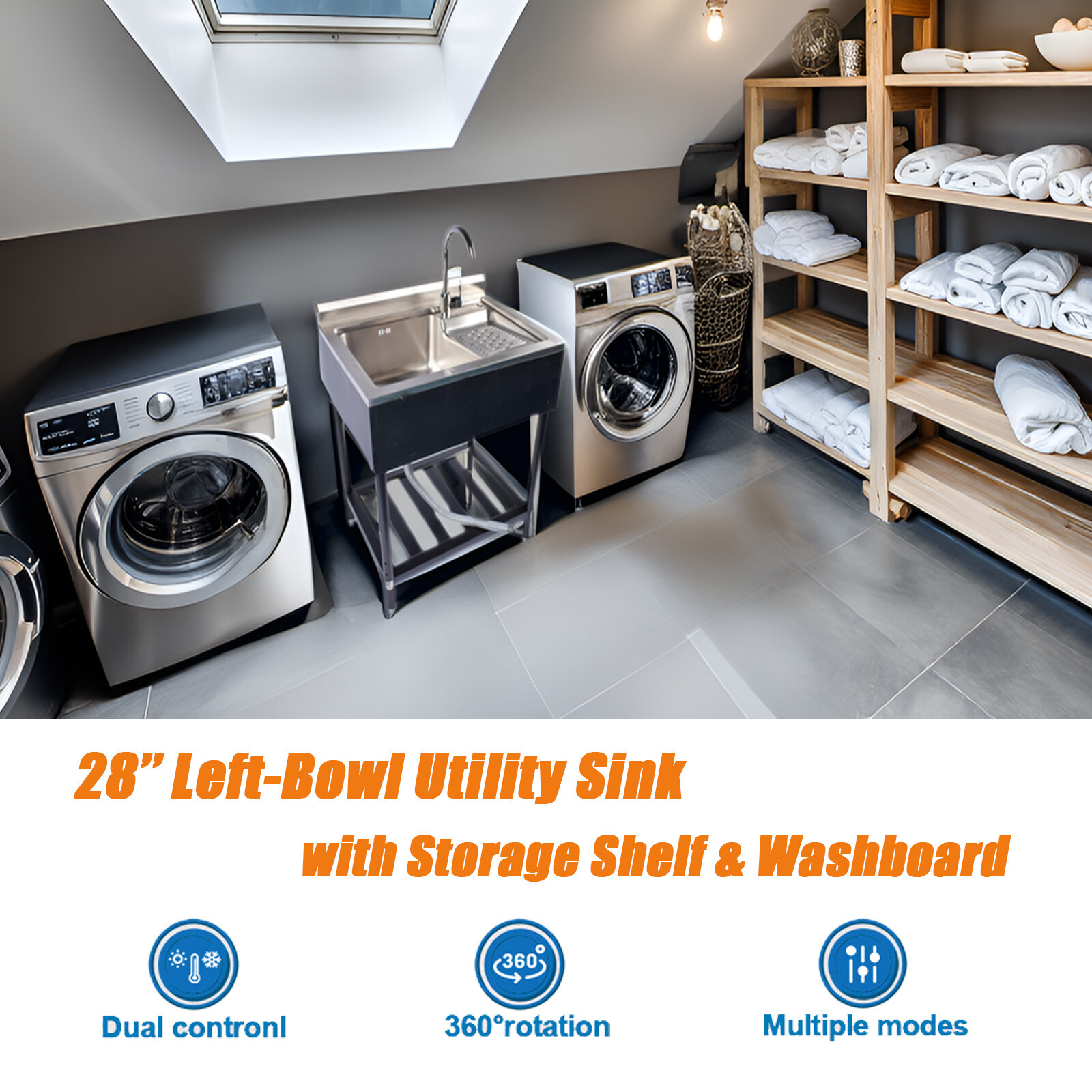 28''/36/39'' Stainless Steel Utility Sink Free Standing Single Bowl Laundry Tub