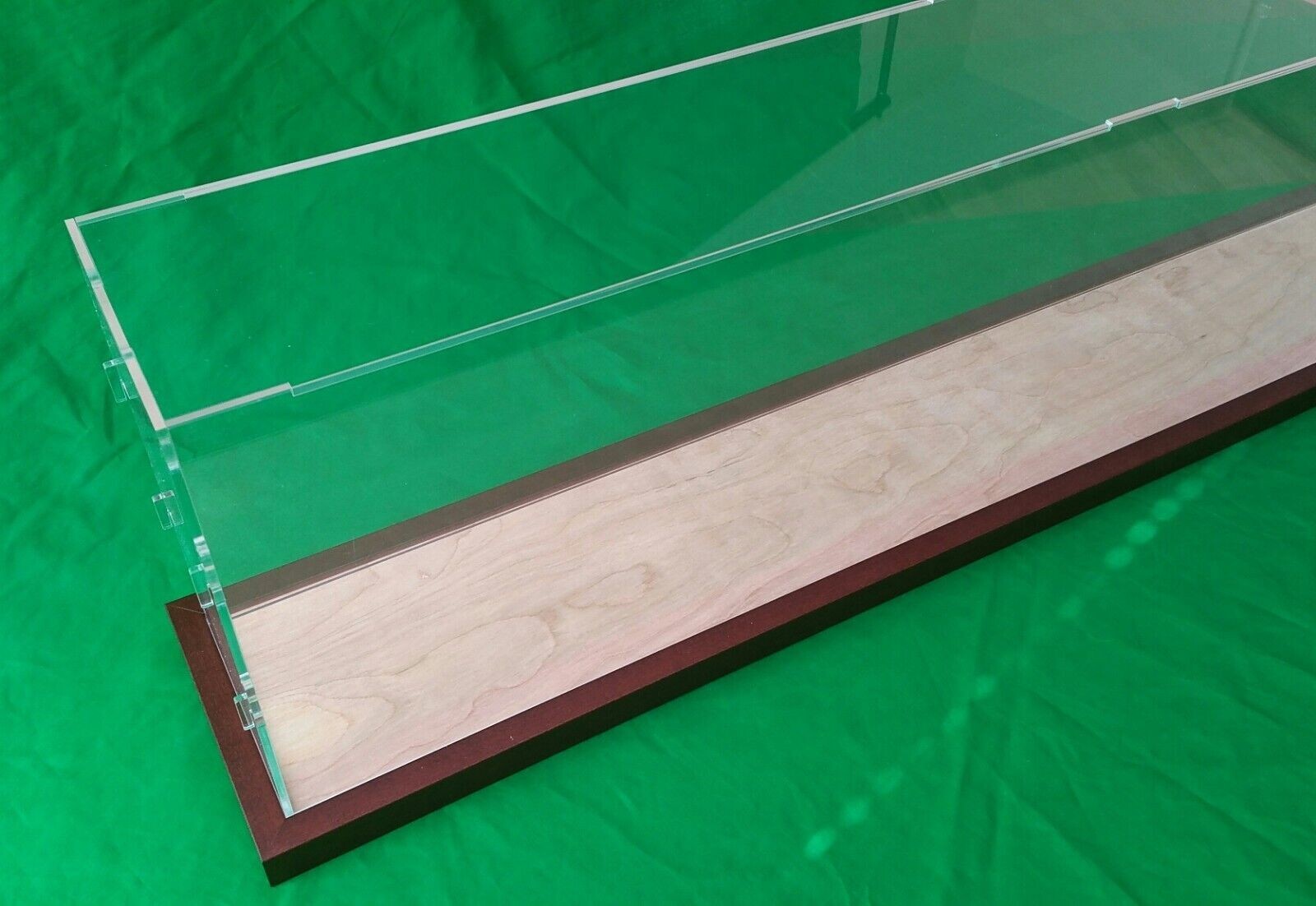 29"L x 11"W x 7"H display case with 3/16" thick acrylic brown wood frame base