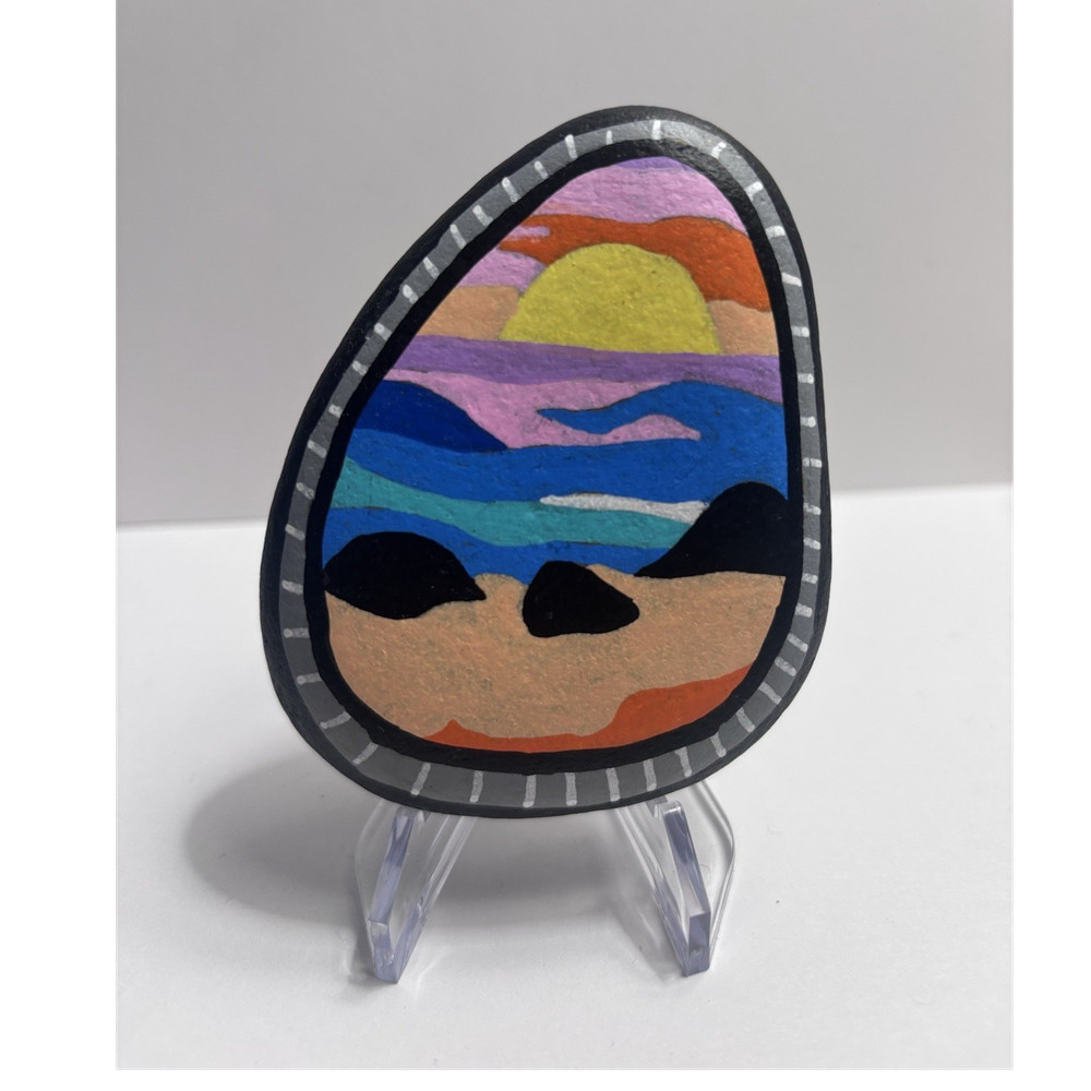 Handpainted Rock Signed Colorful Sunset Landscape Art