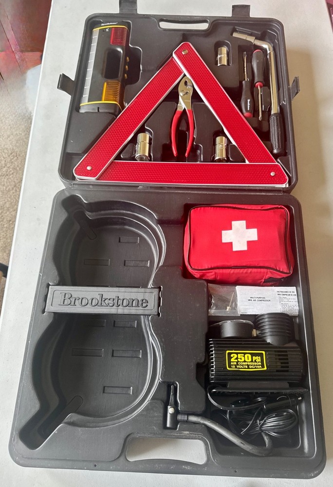 Brookstone Road Ready Auto Emergency Survival Kit Air Compressor Tools First Aid