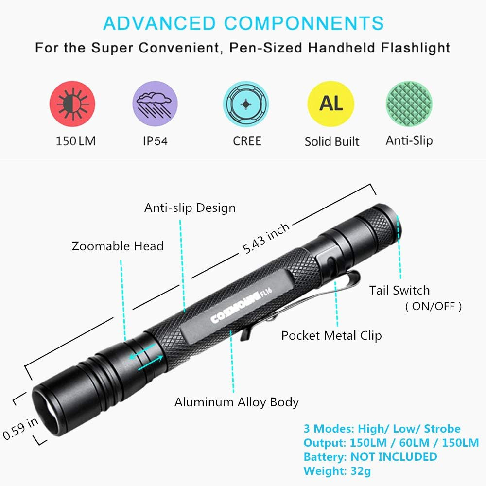 LED Pen Light Flashlight, 3 Modes Pocket Pen Flashlight with Adjustable Focus, P