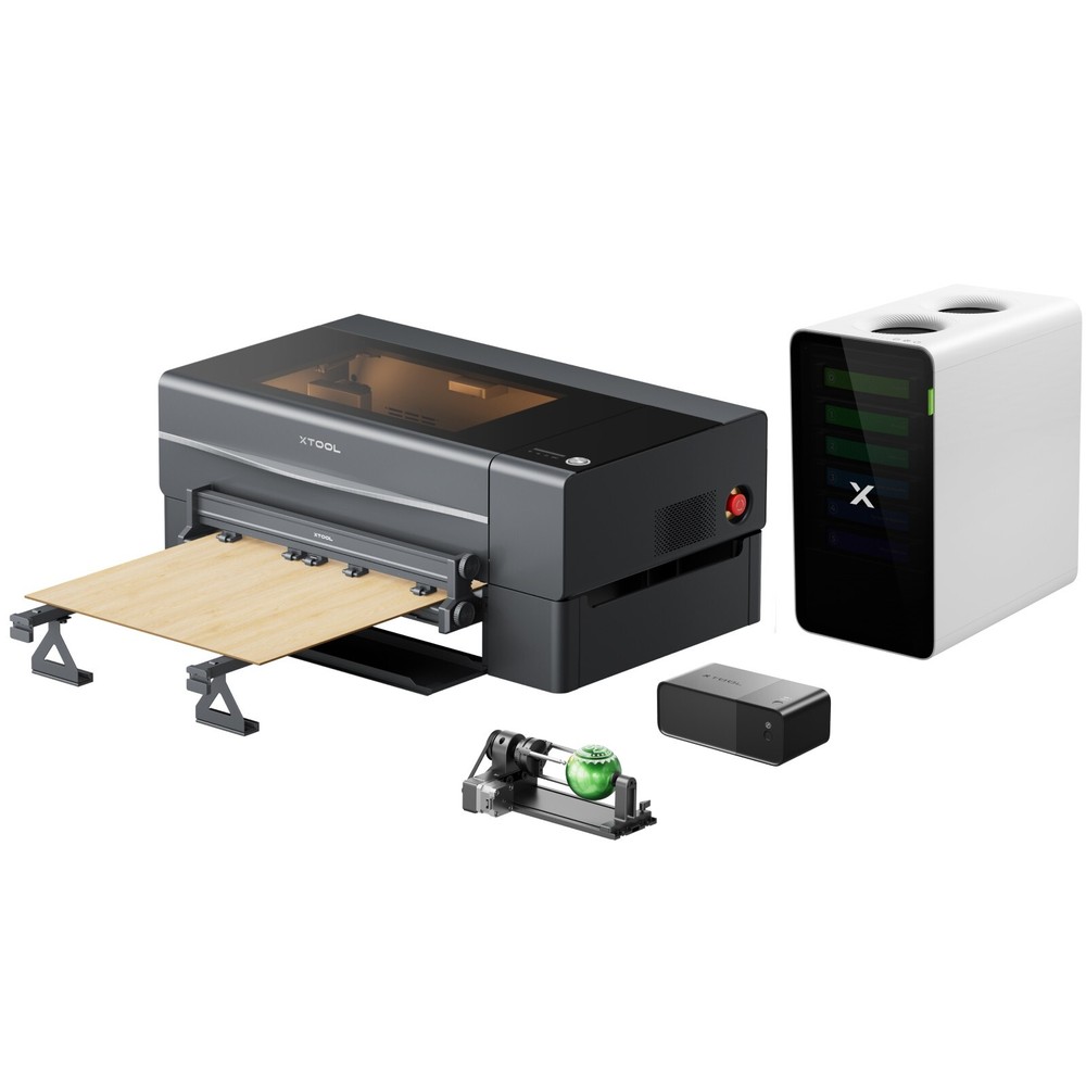 xTool P2S 55W CO2 Laser Cutter with Riser Base, Conveyor, RA2 Pro, AP2 Purifier