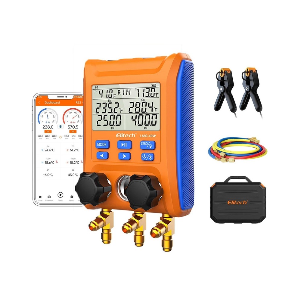 Elitech Wireless Digital Manifold Gauge Set Data Logging Refrigerant HVAC Gau...