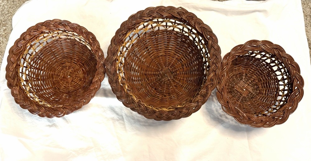 Set Of 3 Stacking Rattan Wicker Baskets