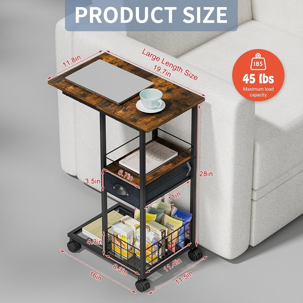 C Shaped Sofa Side Table Couch End Table with Drawer Bedside Table with Wheels