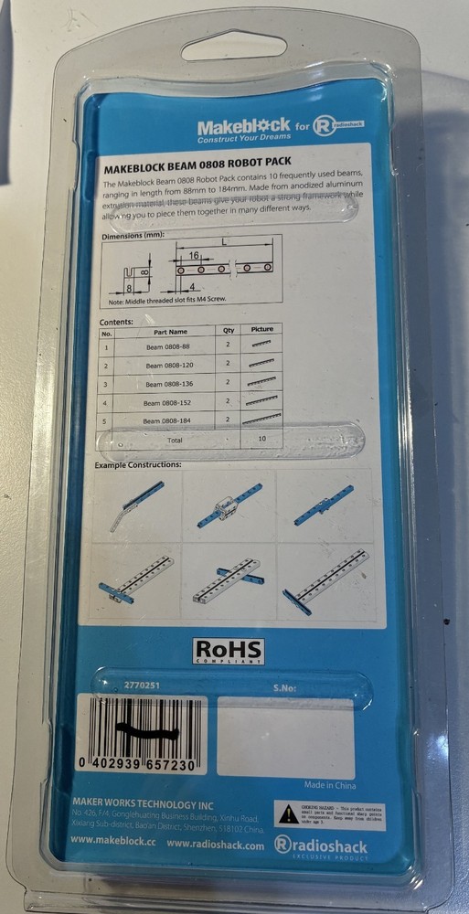 RadioShack Makeblock Beam 0808 Robot Pack, NIP
