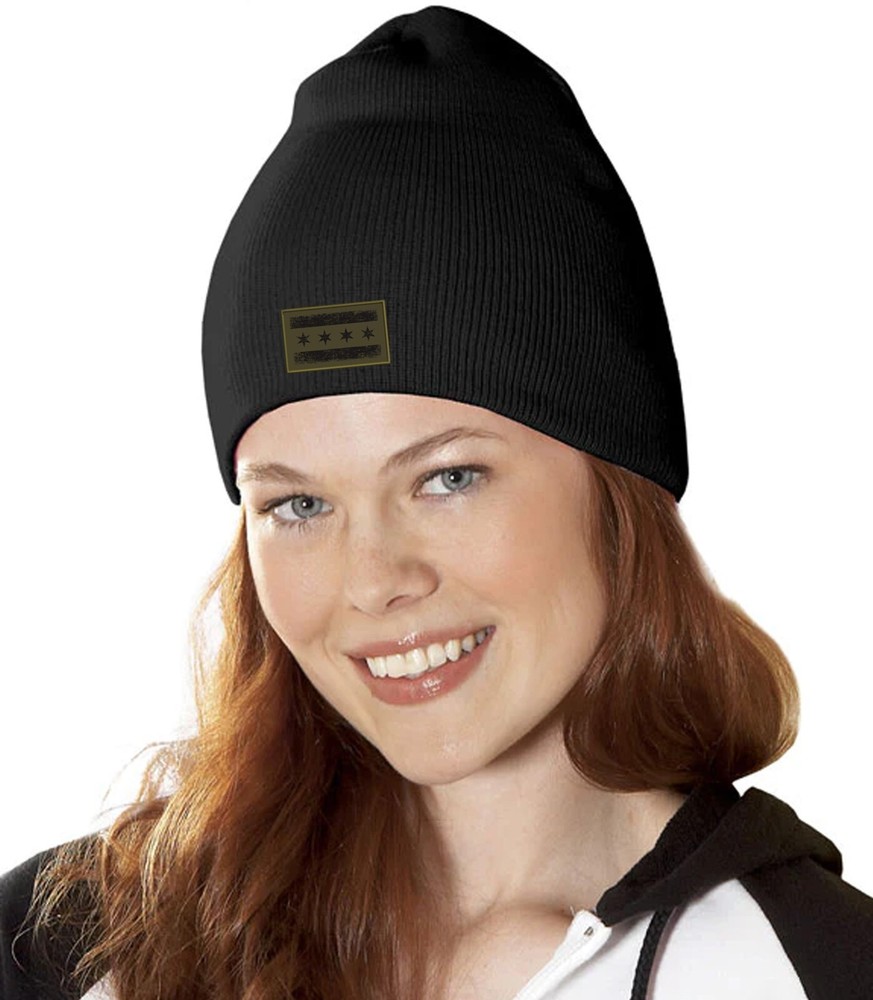 Chicago Flag Skull Knit Hat Olive Patch Black