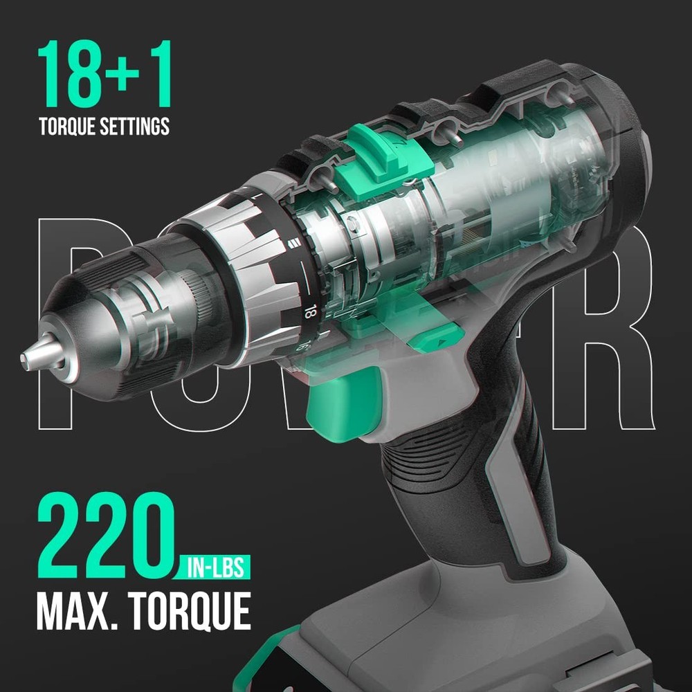 Cordless Drill Set, 20V Max Power Drill, 3/8” Keyless Chuck, 18+1 Torque Sett...