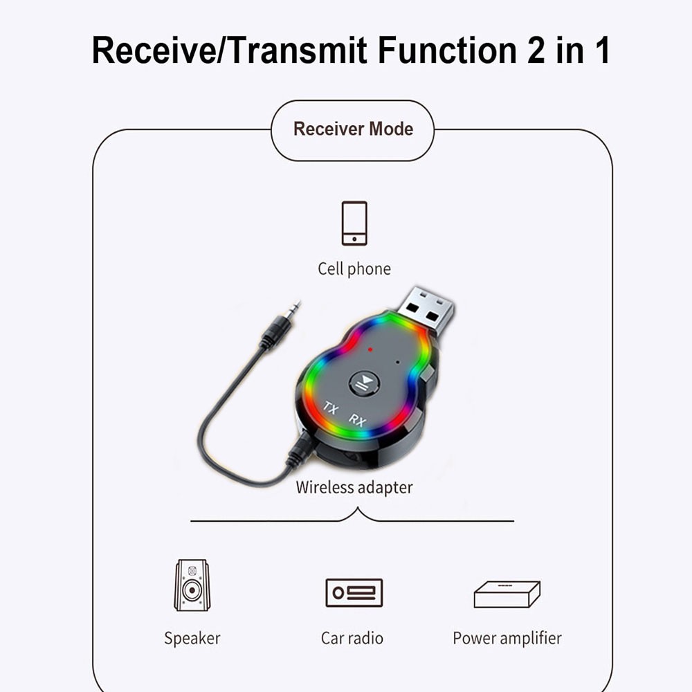 USB with LED Lights Bluetooth 5.0 Transmitter Receiver 2 in 1 Audio Adapter